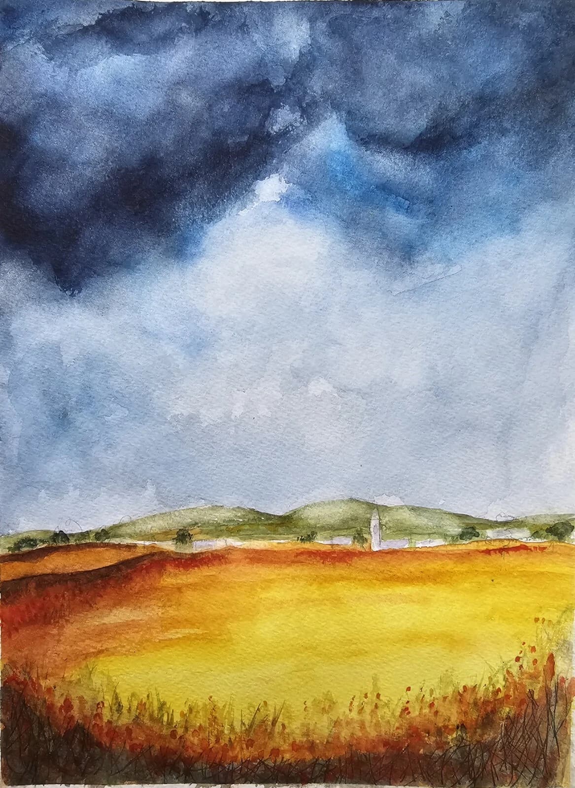 Clouds Wheat Fields Landscape Watercolour Painting Framed thumbnail 4