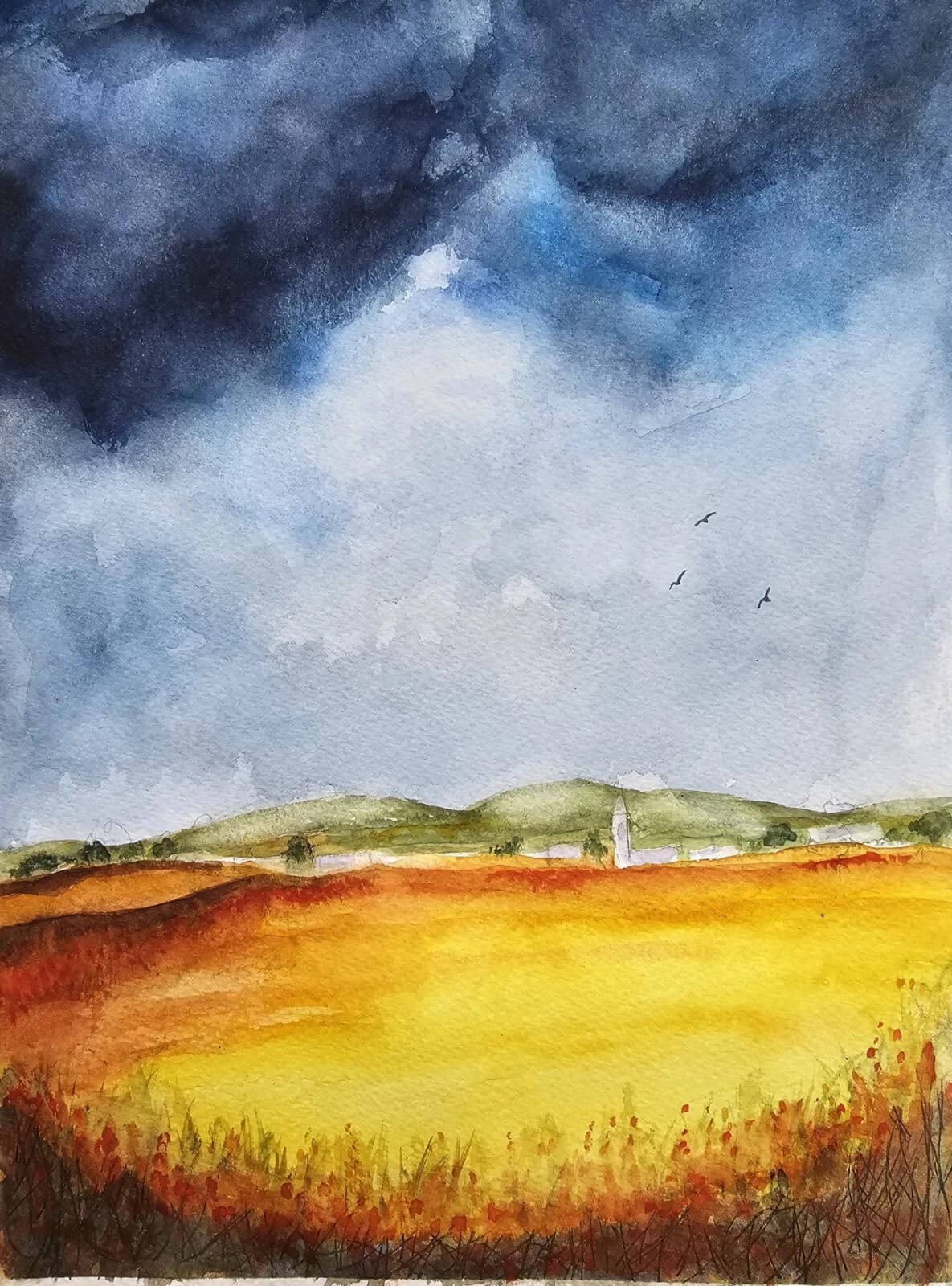 Clouds Wheat Fields Landscape Watercolour Painting Framed thumbnail 5