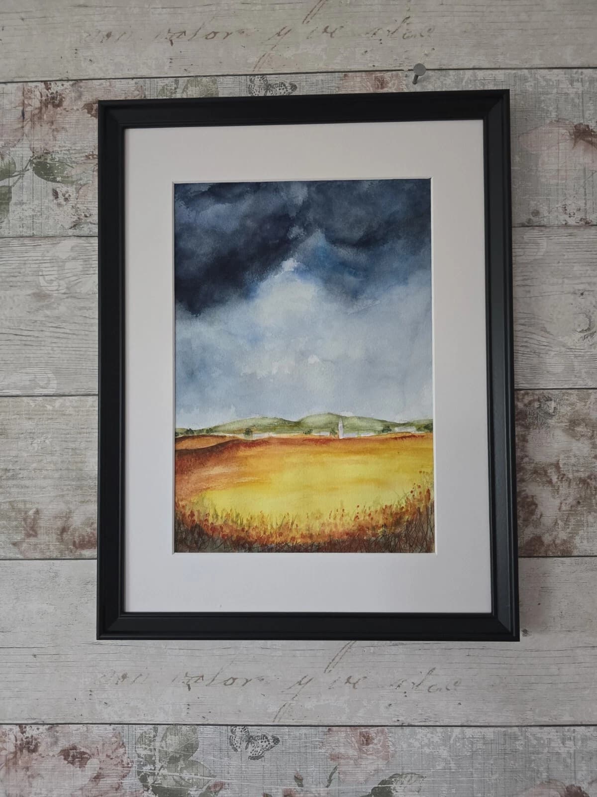 Clouds Wheat Fields Landscape Watercolour Painting Framed thumbnail 7