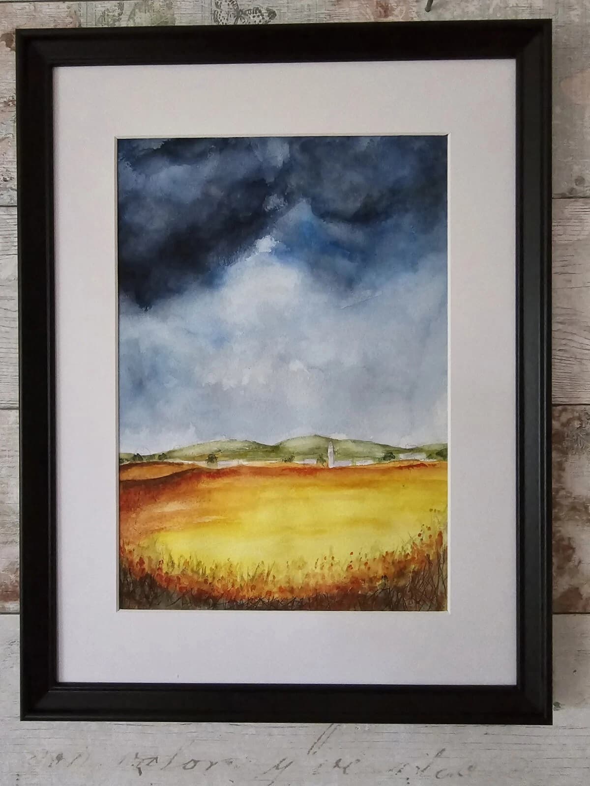 Clouds Wheat Fields Landscape Watercolour Painting Framed thumbnail 8