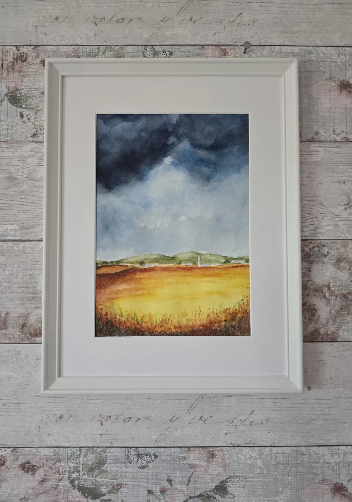 Clouds Wheat Fields Landscape Watercolour Painting Framed thumbnail 9