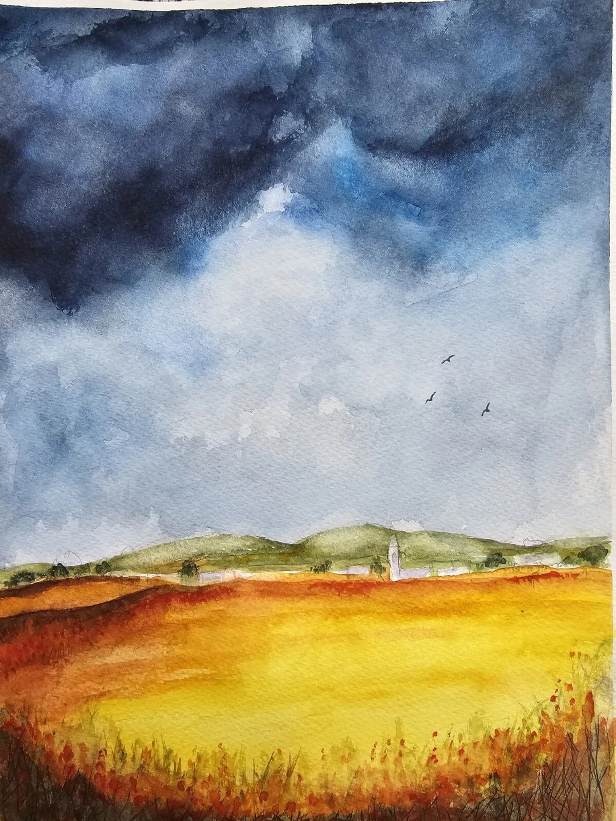 Clouds Wheat Fields Landscape Watercolour Painting Framed