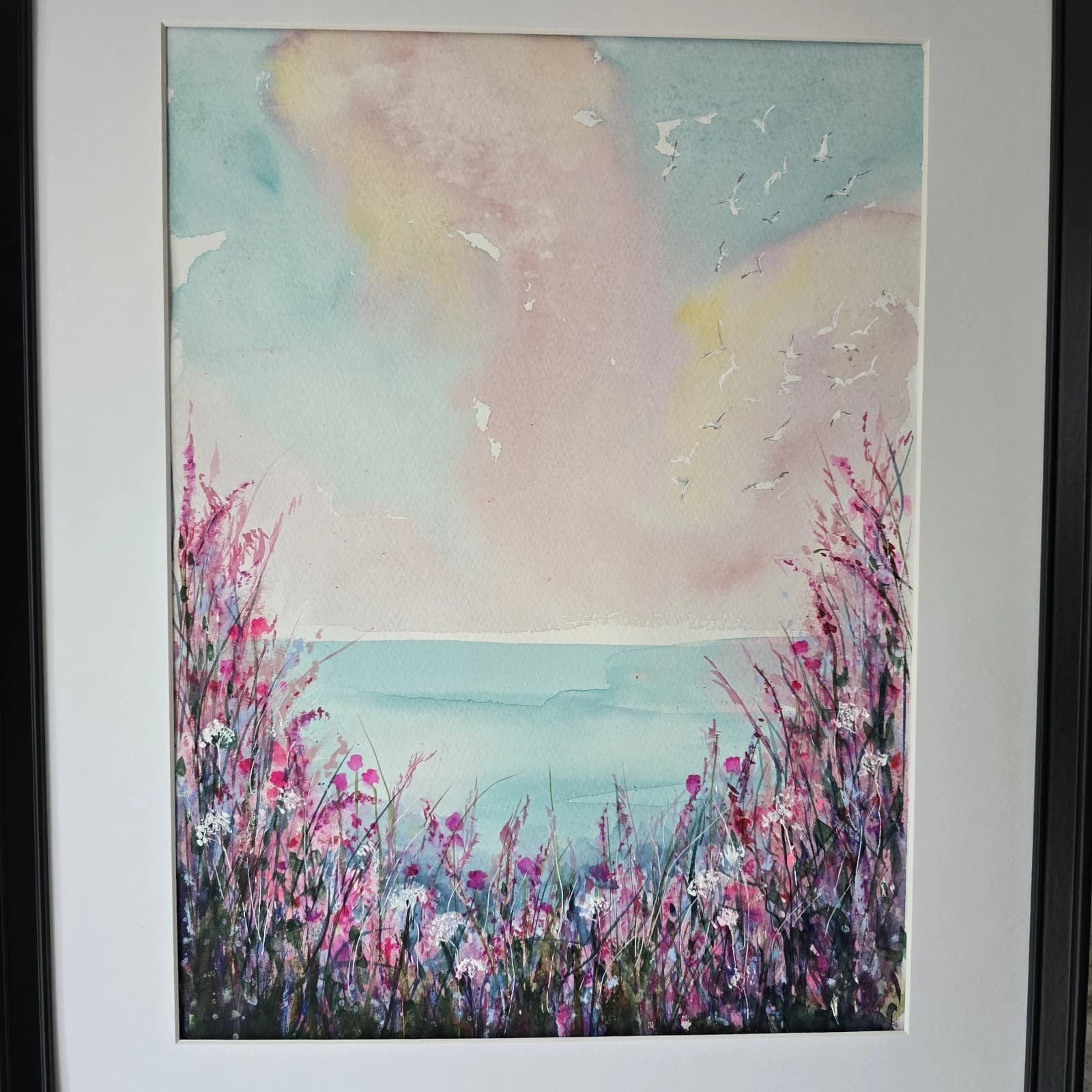 Coastal Landscape Watercolour Painting Floral Seagulls Framed thumbnail 2
