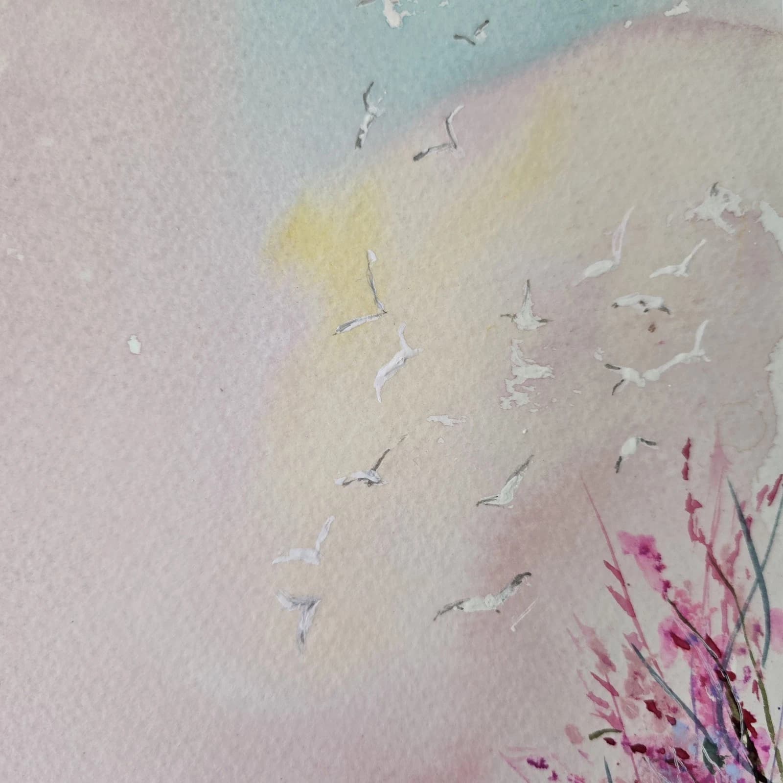 Coastal Landscape Watercolour Painting Floral Seagulls Framed thumbnail 16