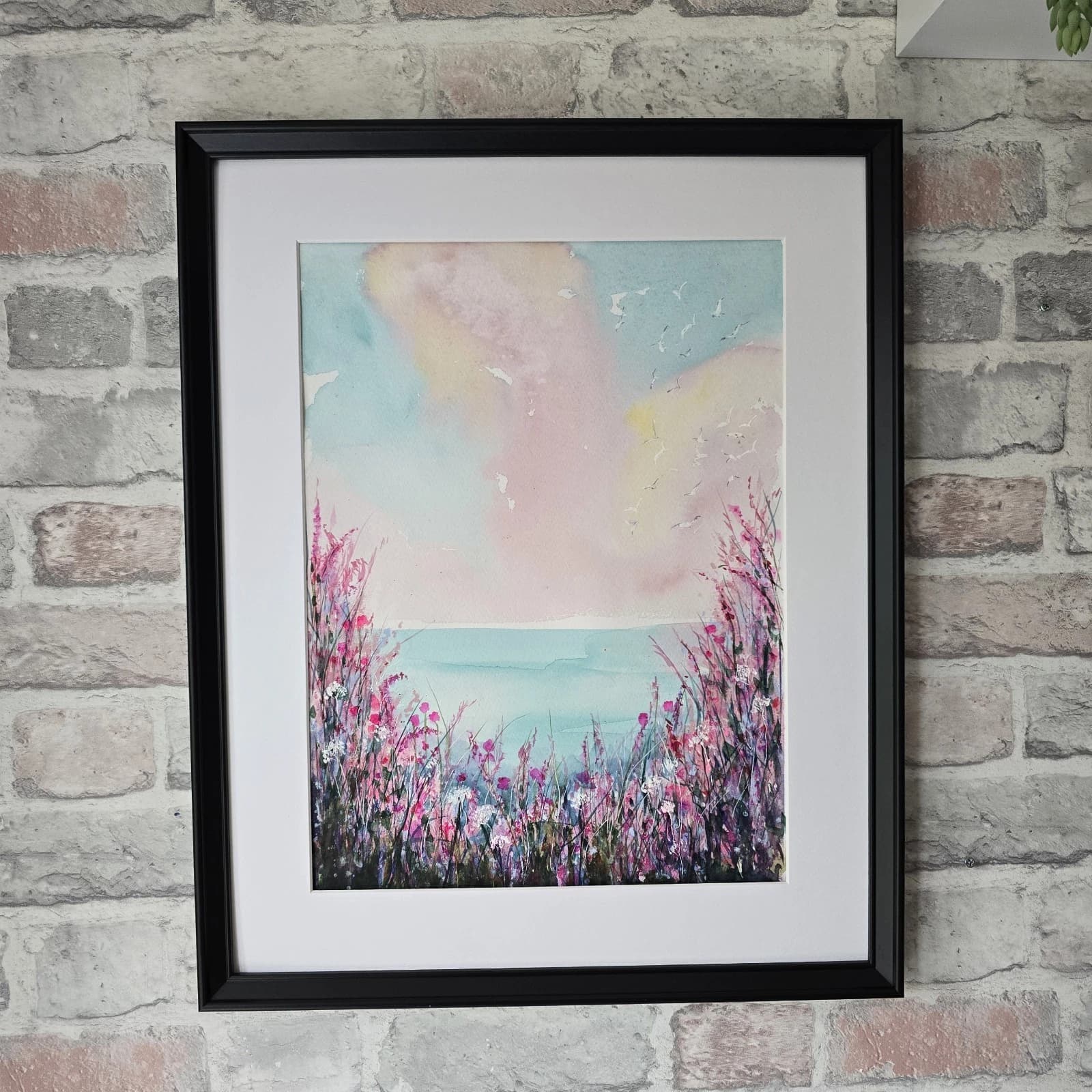 Coastal Landscape Watercolour Painting Floral Seagulls Framed thumbnail 3