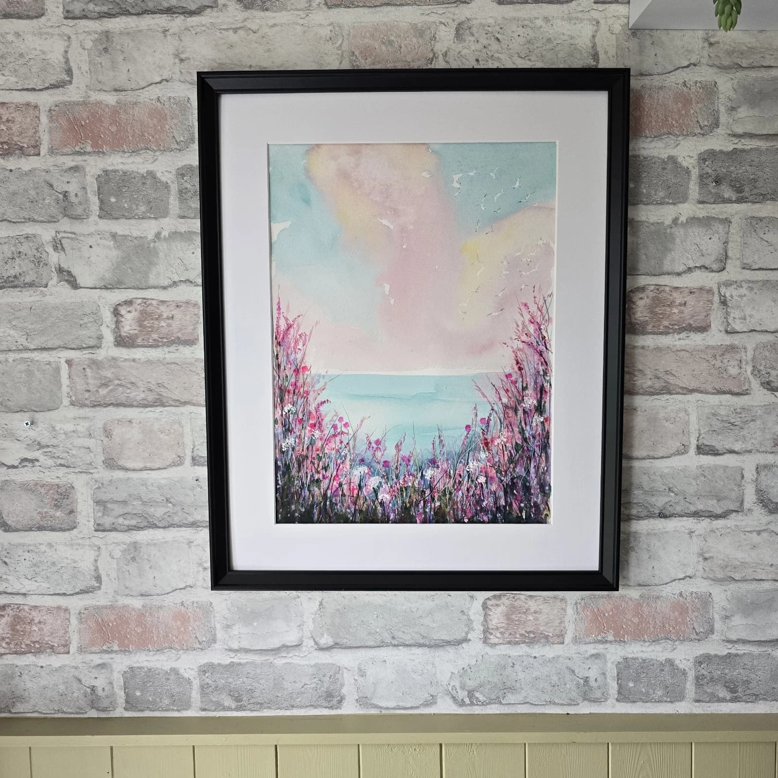 Coastal Landscape Watercolour Painting Floral Seagulls Framed thumbnail 4