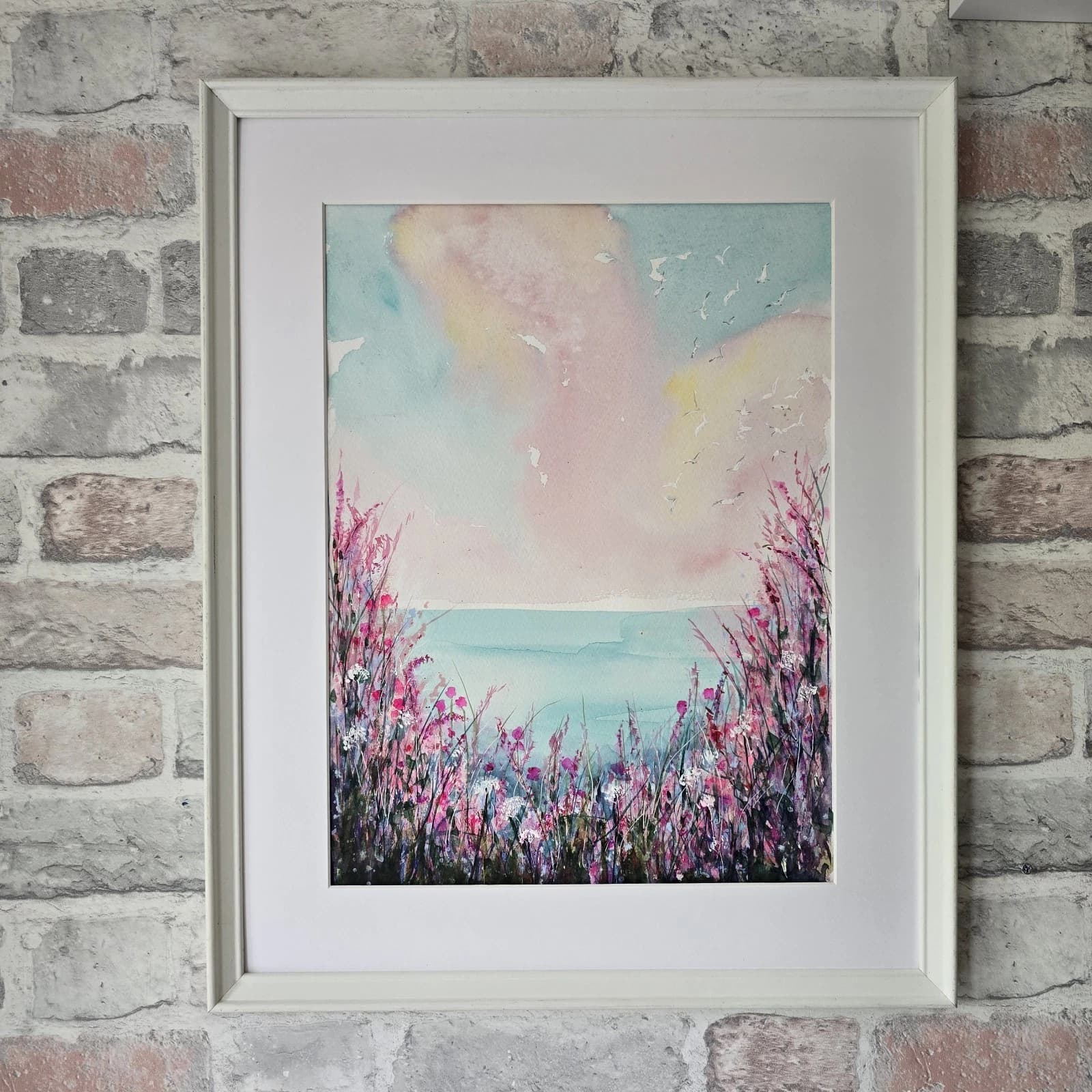 Coastal Landscape Watercolour Painting Floral Seagulls Framed thumbnail 6