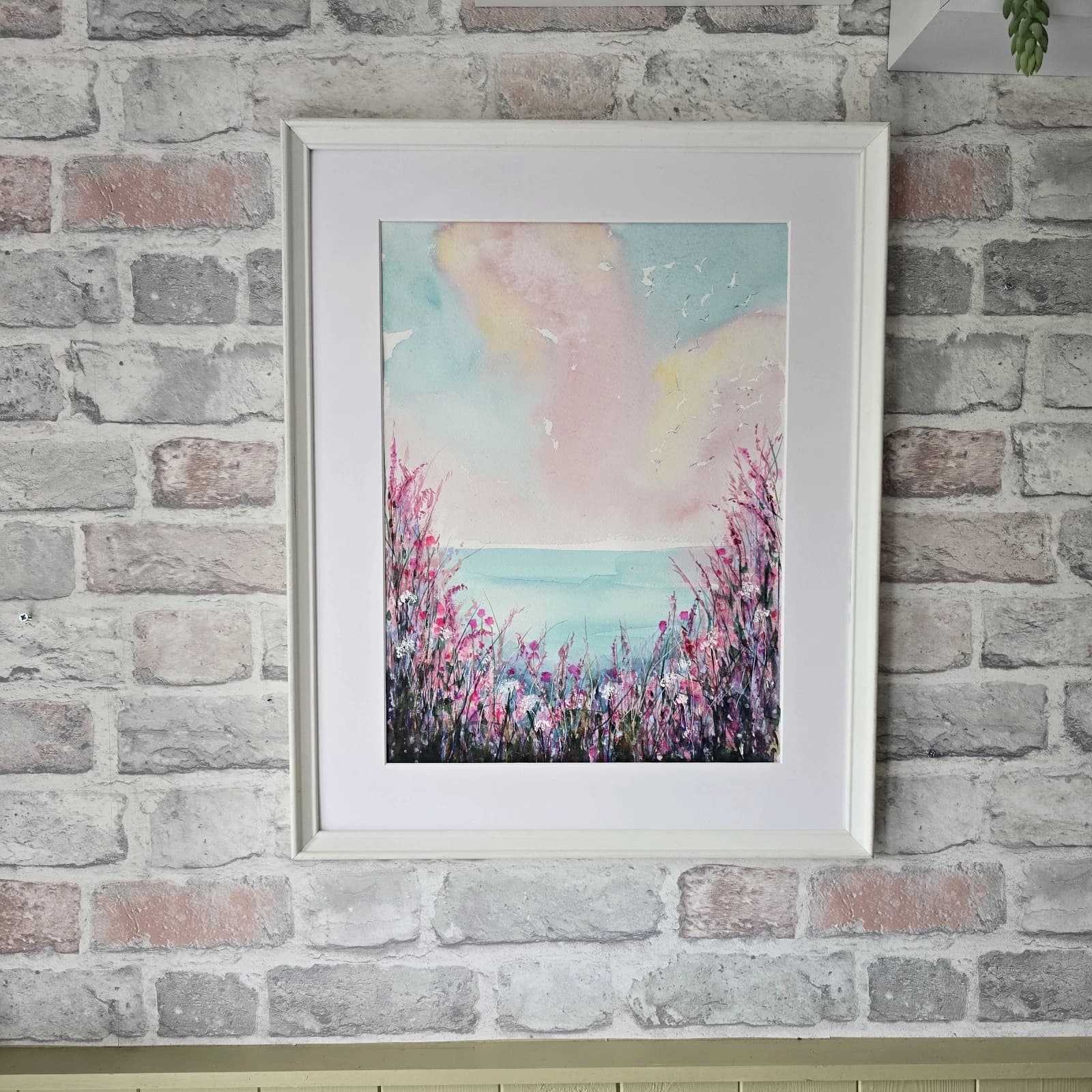 Coastal Landscape Watercolour Painting Floral Seagulls Framed thumbnail 7