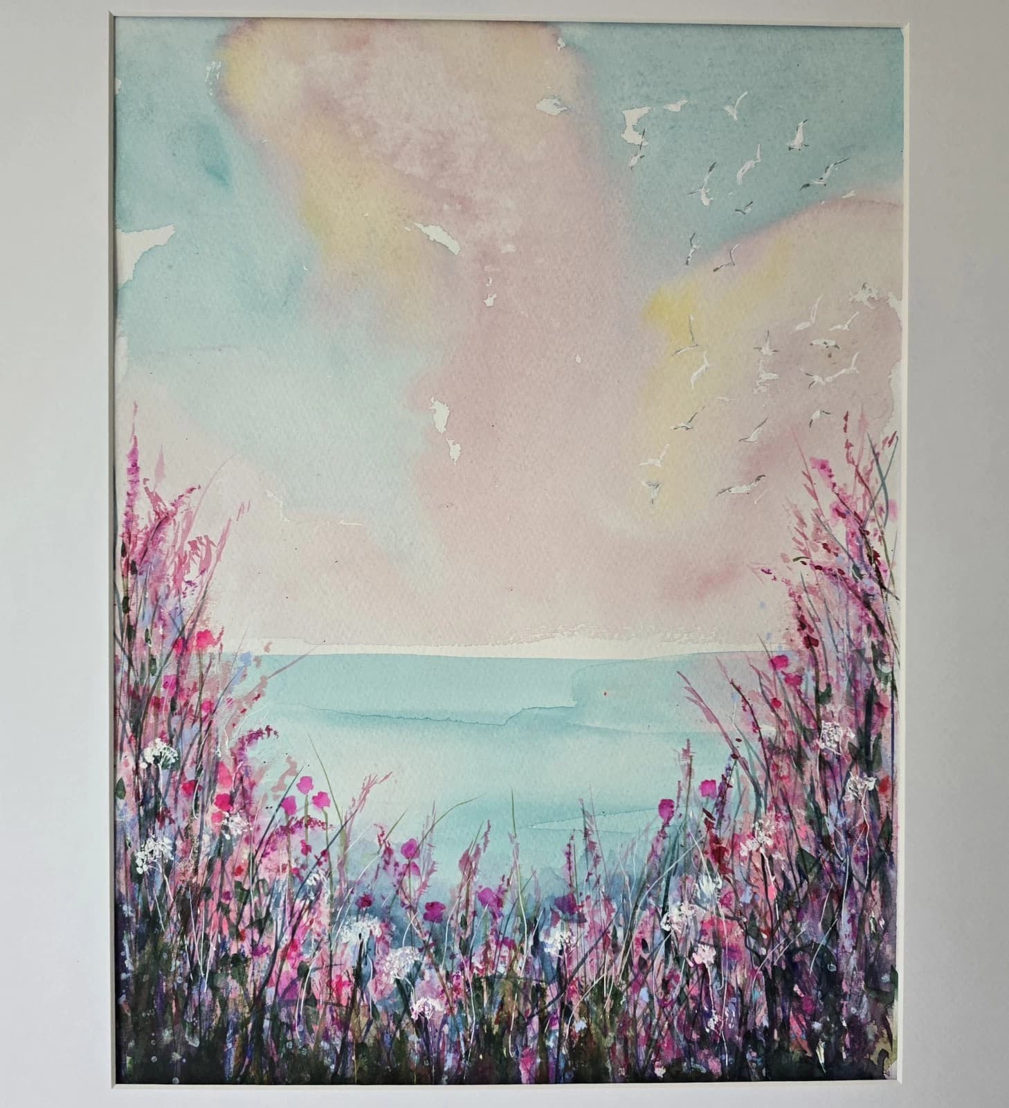 Coastal Landscape Watercolour Painting Floral Seagulls Framed thumbnail 9