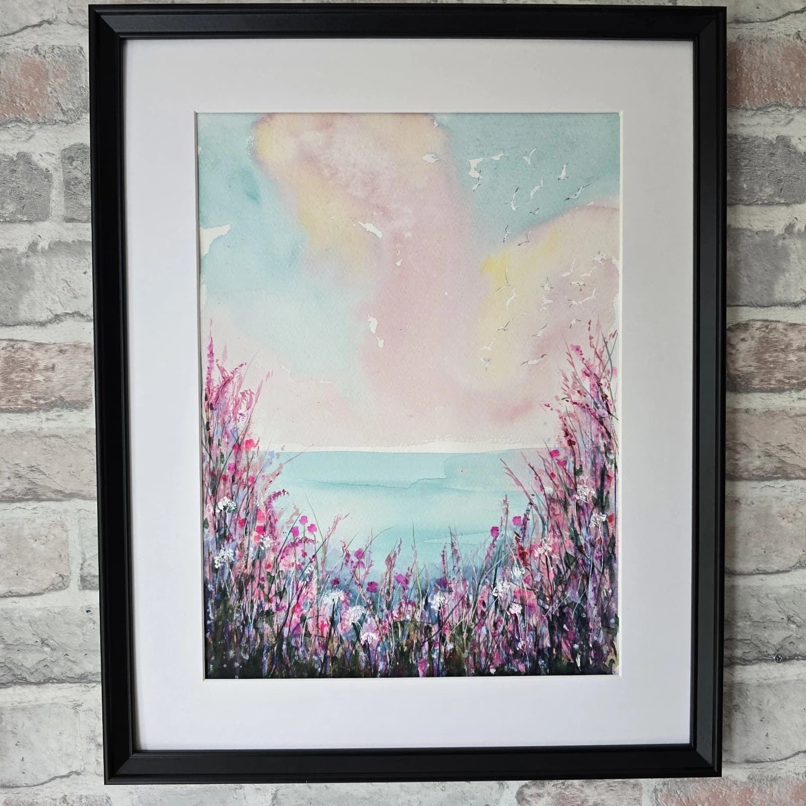 Coastal Landscape Watercolour Painting Floral Seagulls Framed
