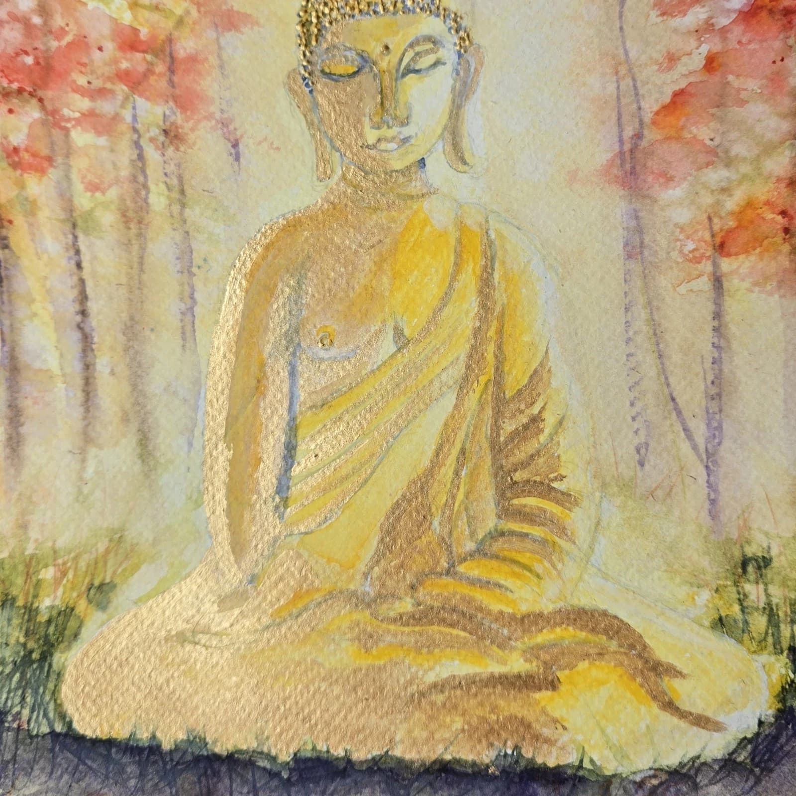 Contemporary Watercolour Painting Buddha Trees Framed thumbnail 12