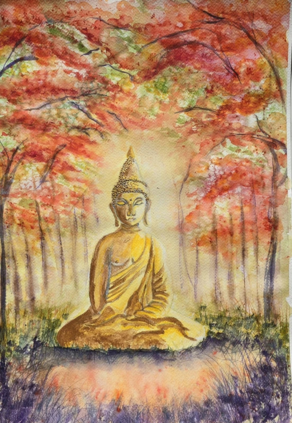 Contemporary Watercolour Painting Buddha Trees Framed thumbnail 13