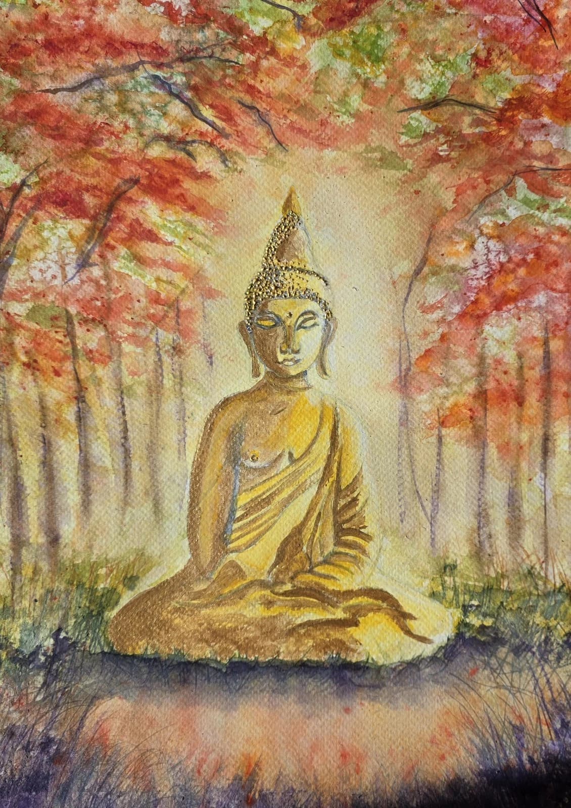 Contemporary Watercolour Painting Buddha Trees Framed thumbnail 14
