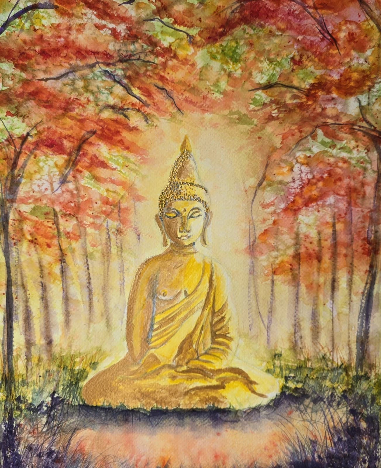 Contemporary Watercolour Painting Buddha Trees Framed thumbnail 15