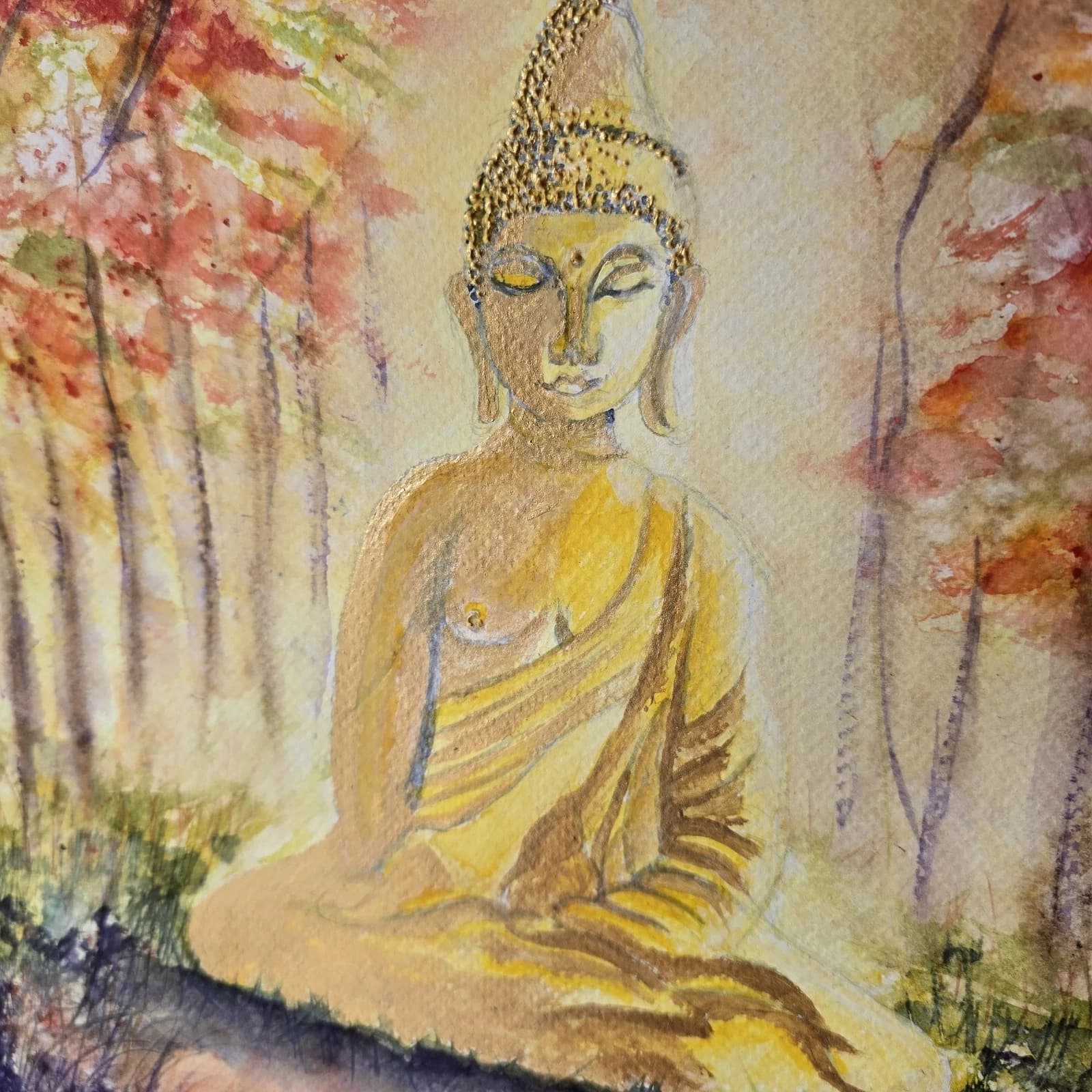 Contemporary Watercolour Painting Buddha Trees Framed thumbnail 17