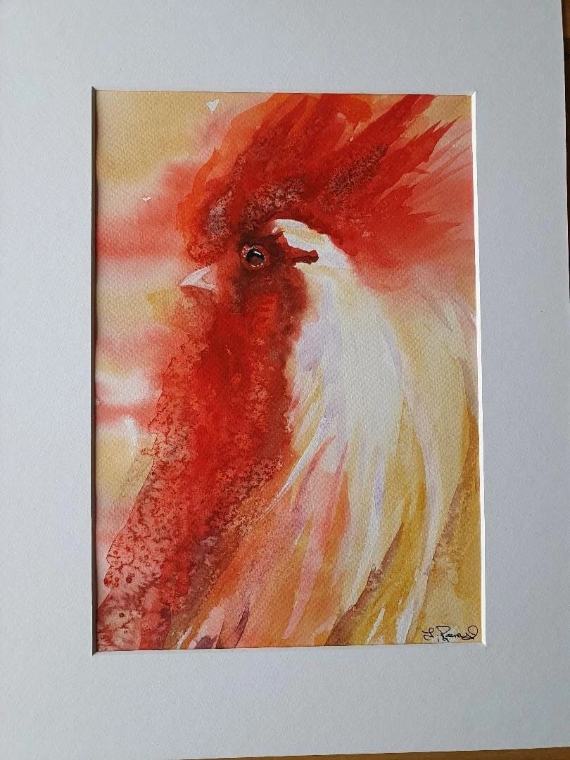 Contemporary Watercolour Painting Cockerel Chicken Head, Rooster thumbnail 3