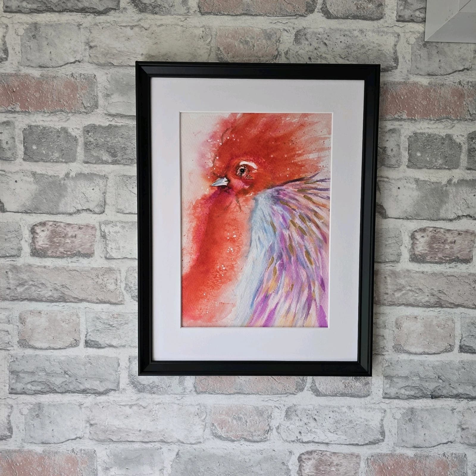 Contemporary Watercolour Painting Cockerell Chicken Rooster Framed thumbnail 4