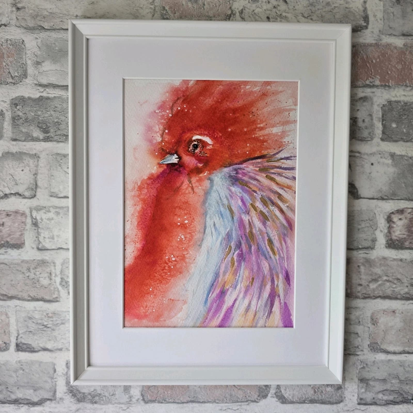 Contemporary Watercolour Painting Cockerell Chicken Rooster Framed thumbnail 5