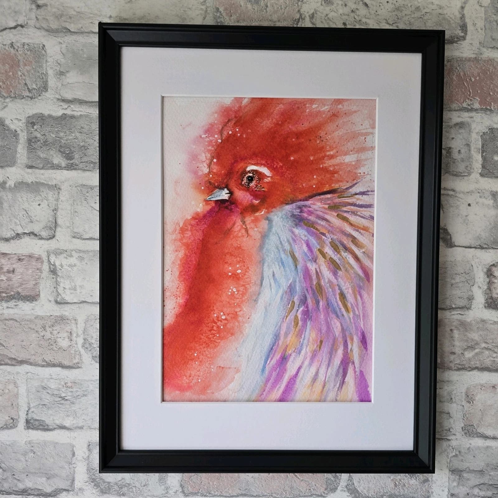 Contemporary Watercolour Painting Cockerell Chicken Rooster Framed