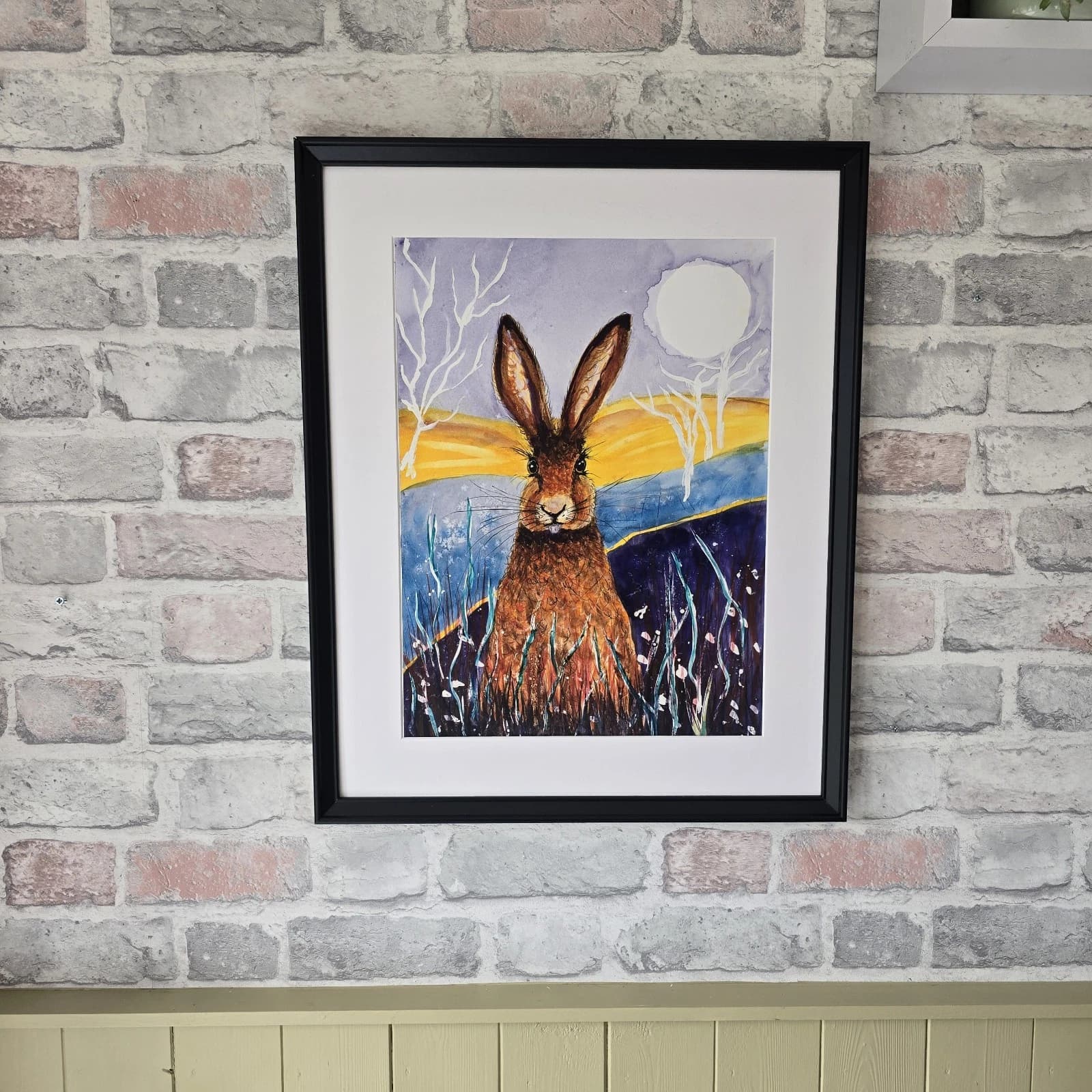 Contemporary Watercolour Painting Hare Harvest Moon Meadow Framed thumbnail 2