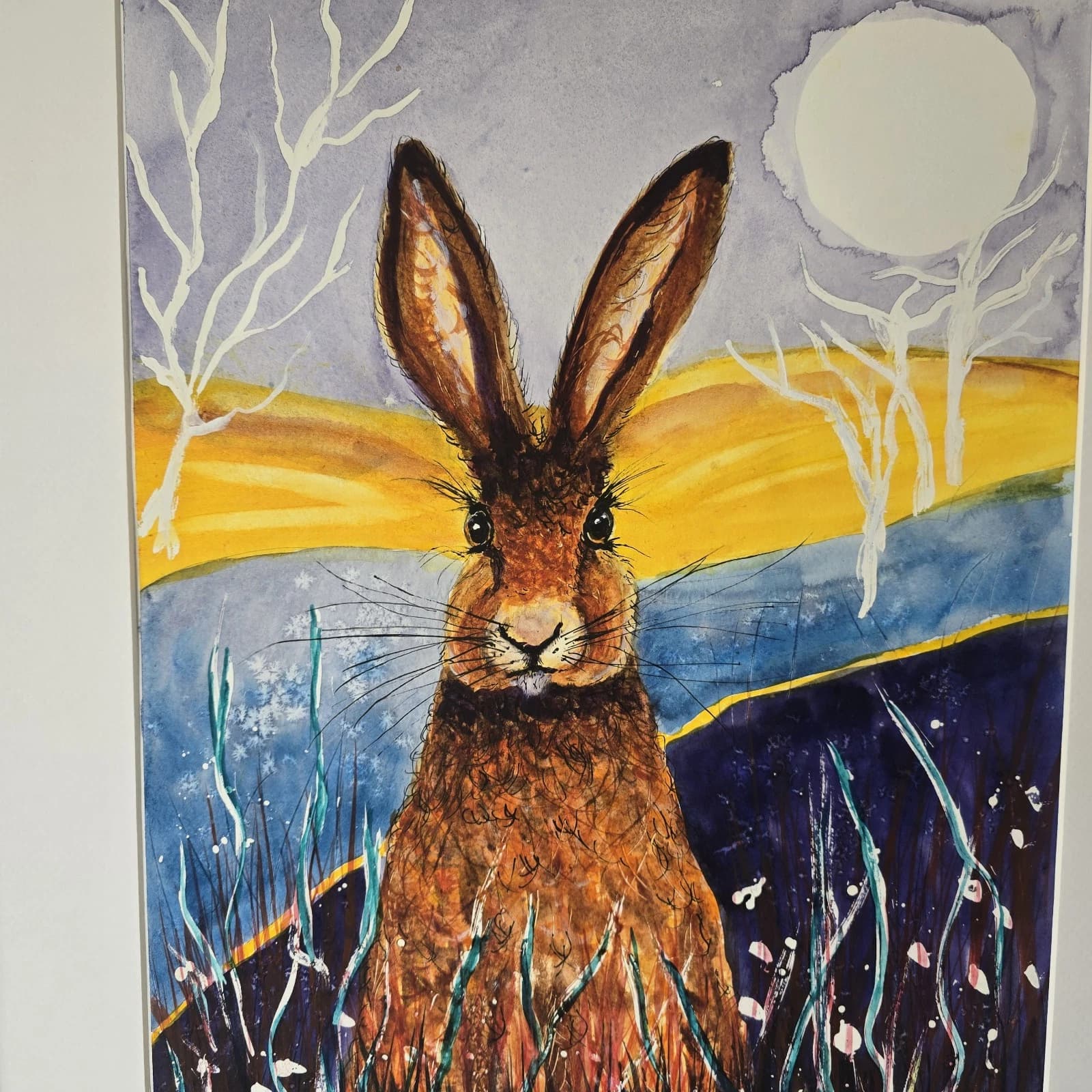 Contemporary Watercolour Painting Hare Harvest Moon Meadow Framed thumbnail 11