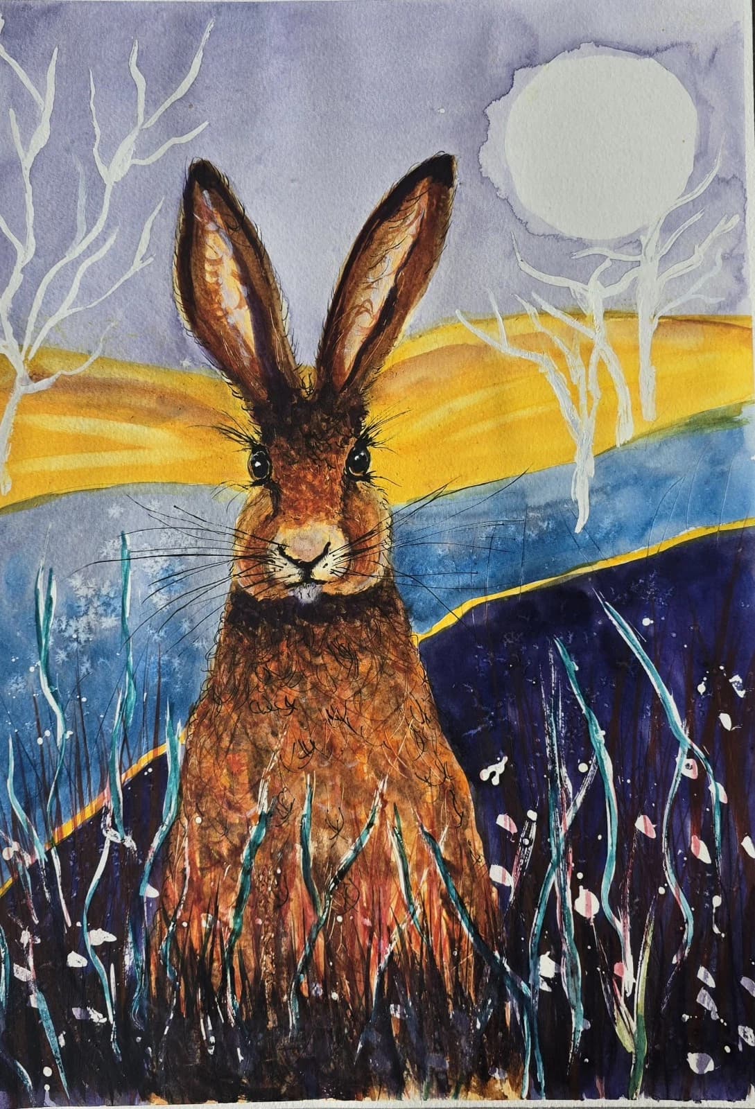 Contemporary Watercolour Painting Hare Harvest Moon Meadow Framed thumbnail 12