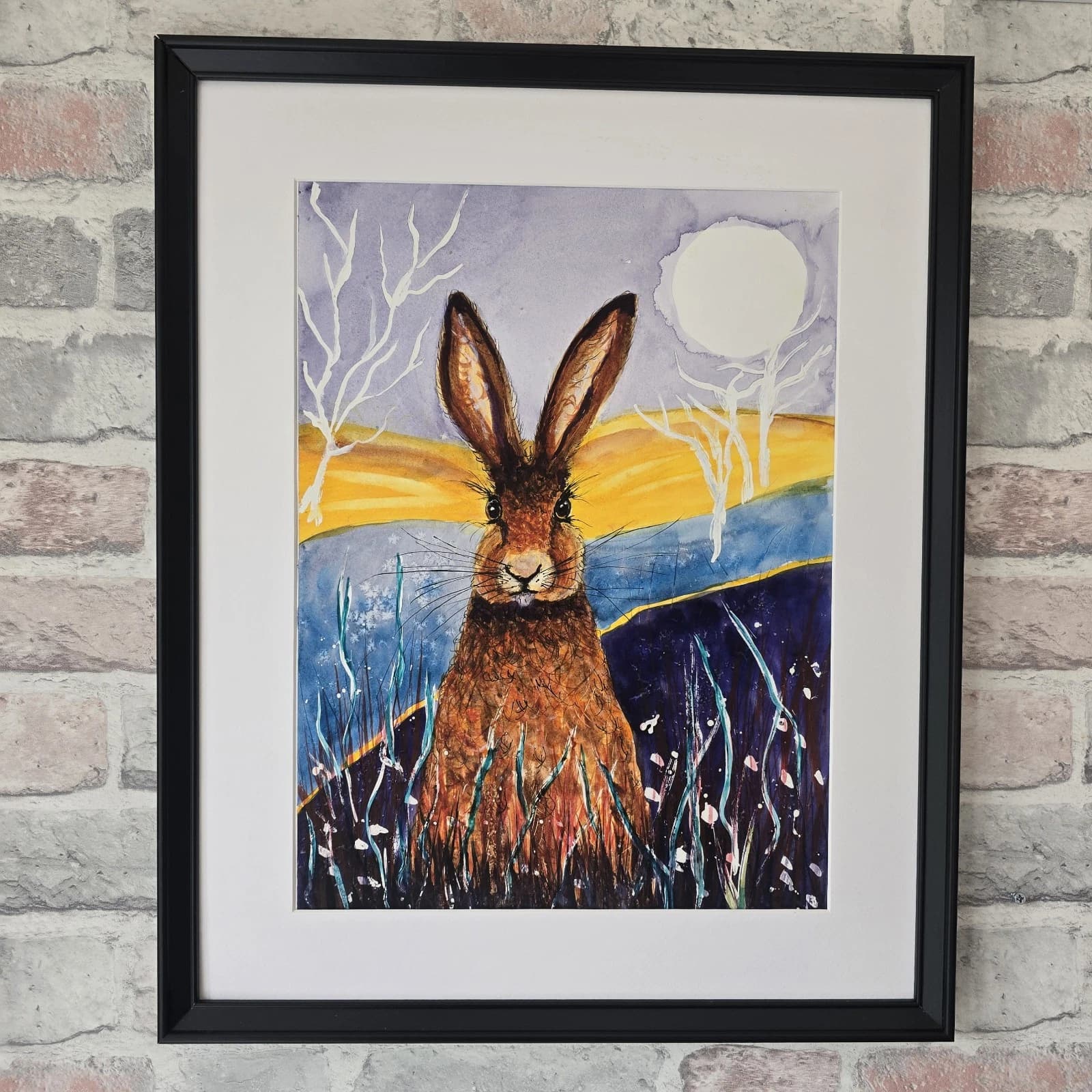 Contemporary Watercolour Painting Hare Harvest Moon Meadow Framed thumbnail 3