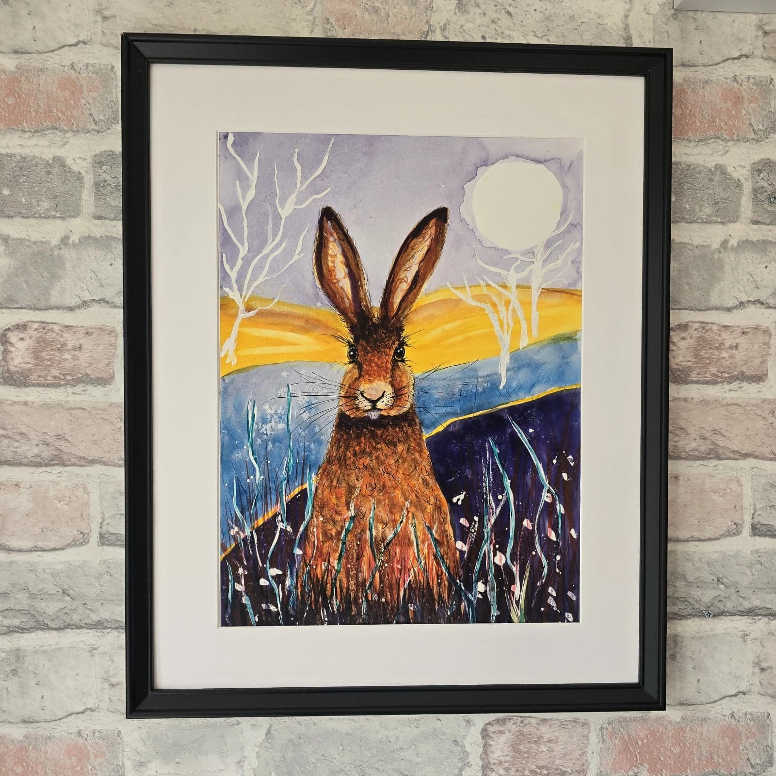 Contemporary Watercolour Painting Hare Harvest Moon Meadow Framed thumbnail 4