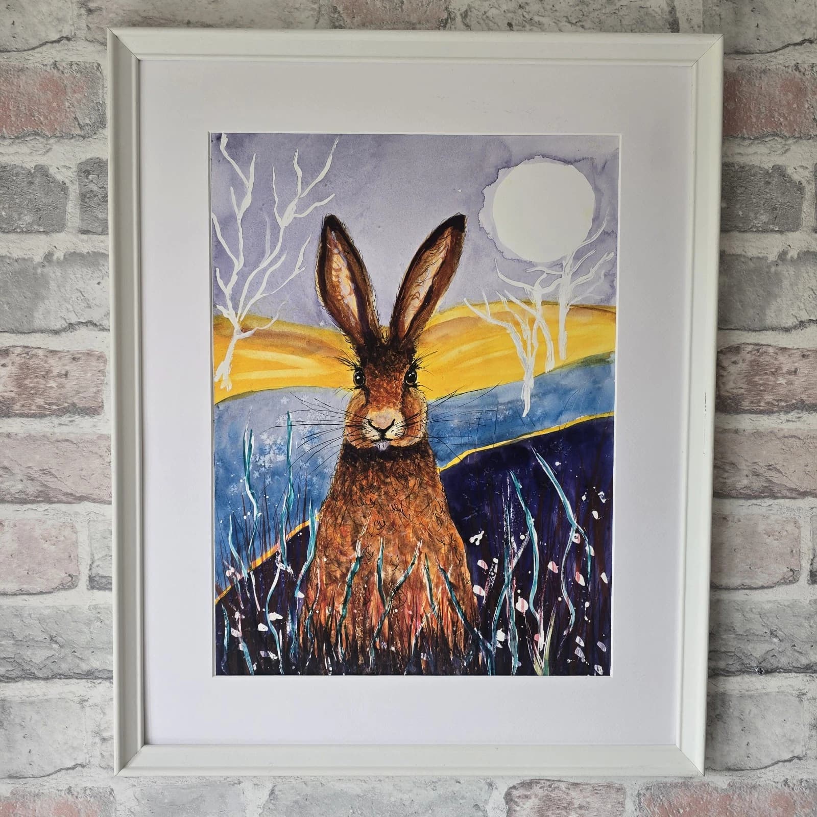 Contemporary Watercolour Painting Hare Harvest Moon Meadow Framed thumbnail 6