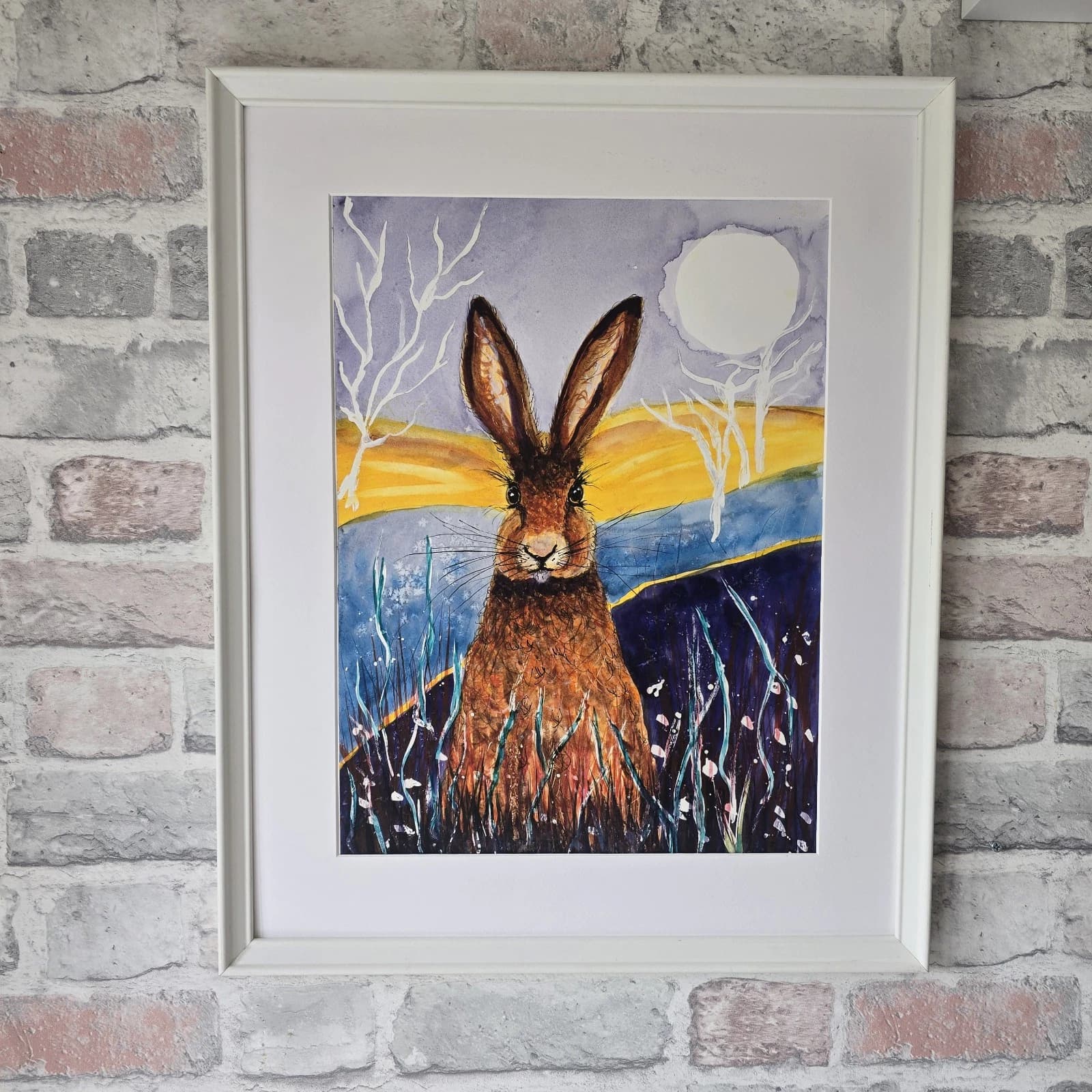 Contemporary Watercolour Painting Hare Harvest Moon Meadow Framed thumbnail 7