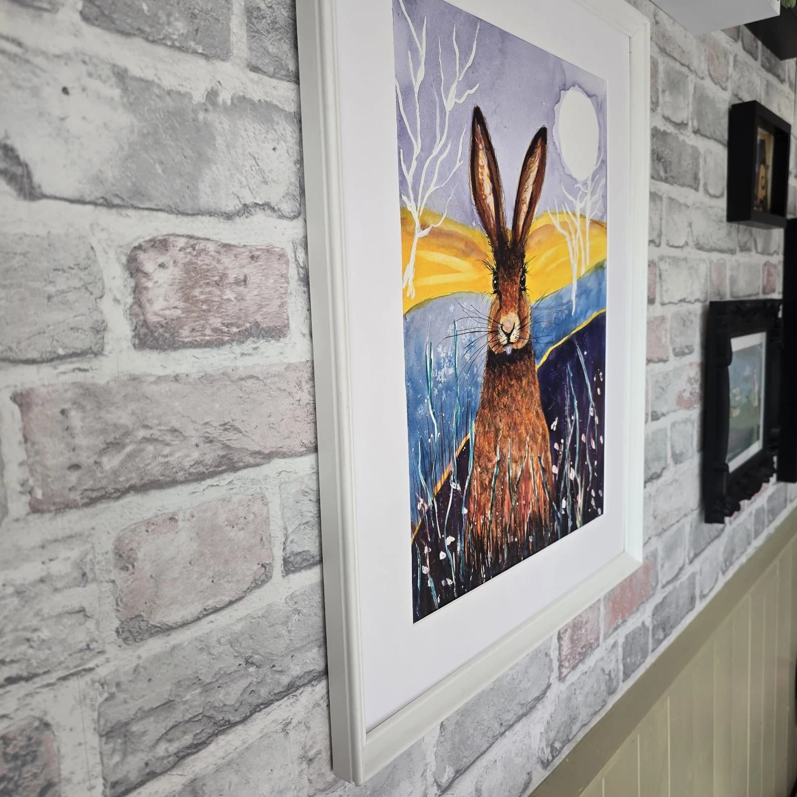 Contemporary Watercolour Painting Hare Harvest Moon Meadow Framed thumbnail 8