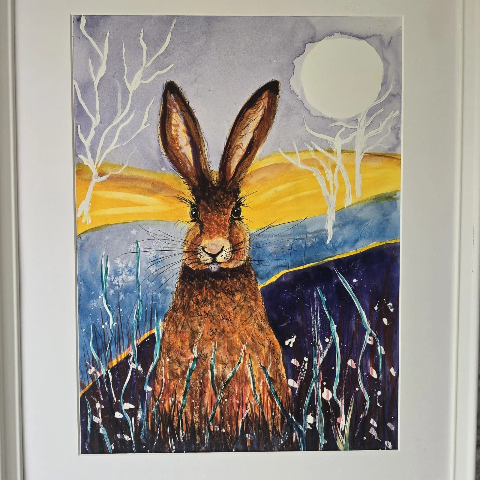 Contemporary Watercolour Painting Hare Harvest Moon Meadow Framed thumbnail 9