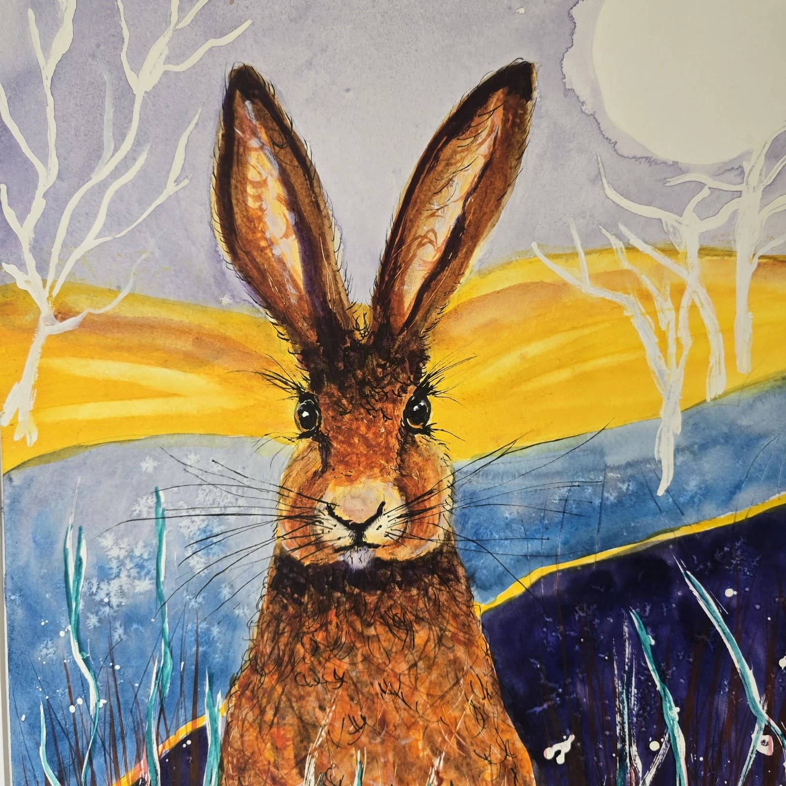 Contemporary Watercolour Painting Hare Harvest Moon Meadow Framed thumbnail 10