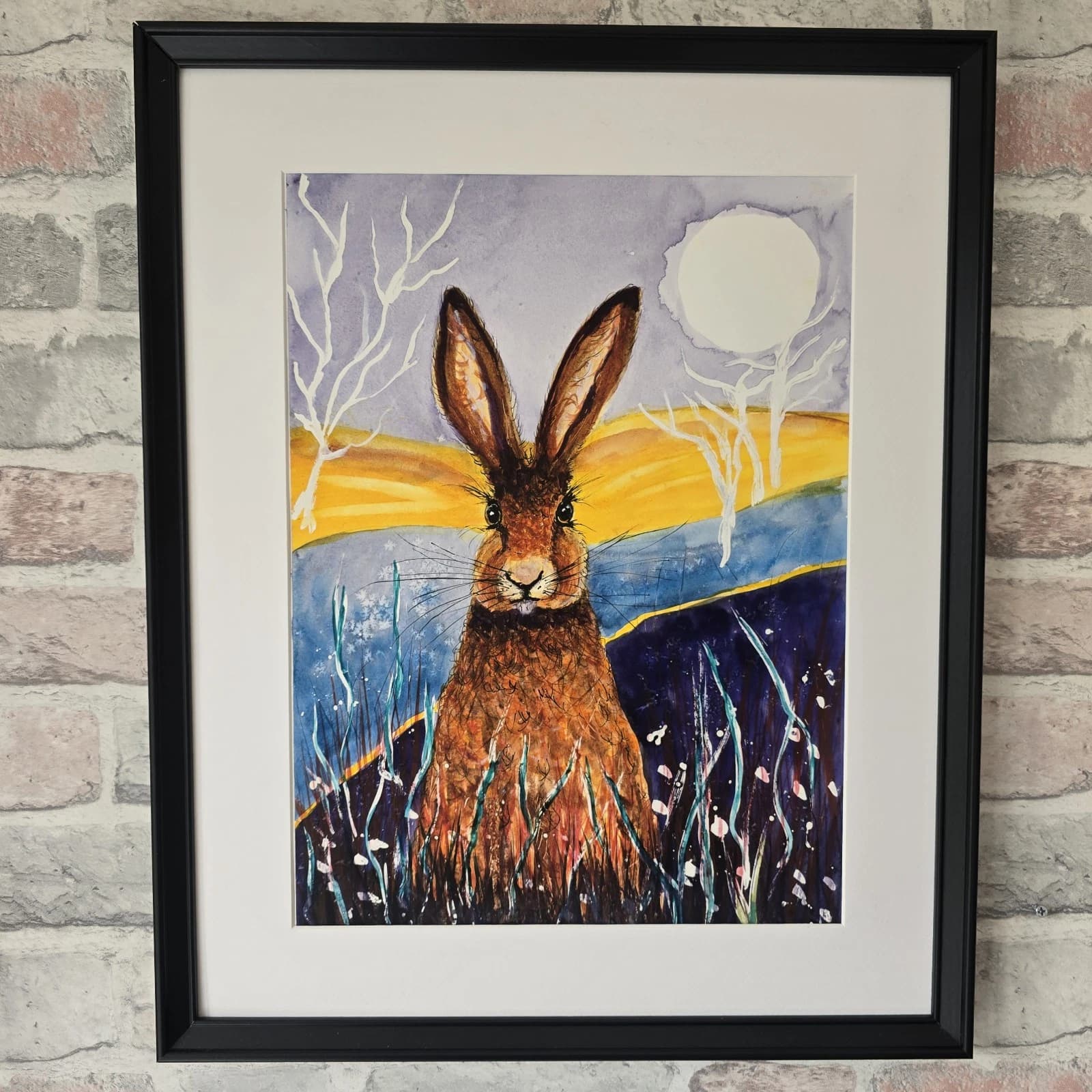 Contemporary Watercolour Painting Hare Harvest Moon Meadow Framed