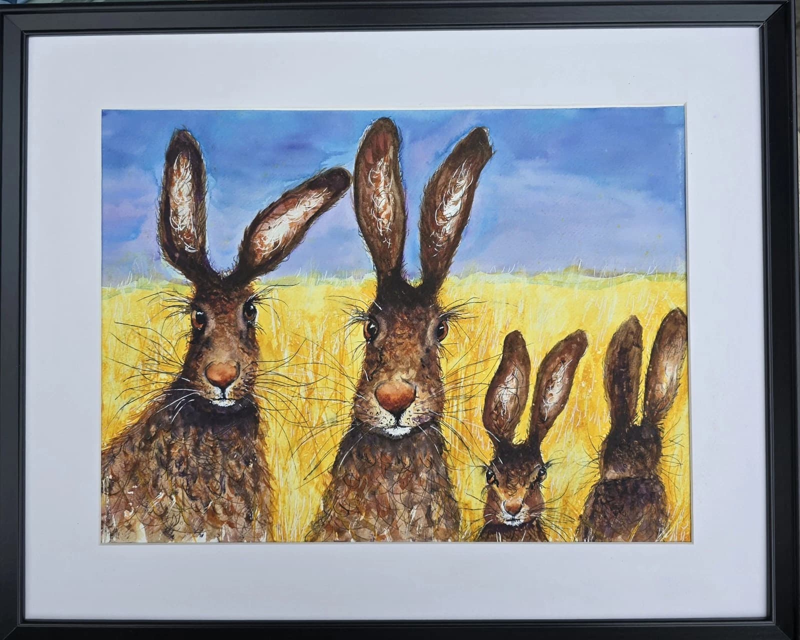 Contemporary Watercolour Painting Hares Portrait Meadow Framed thumbnail 2