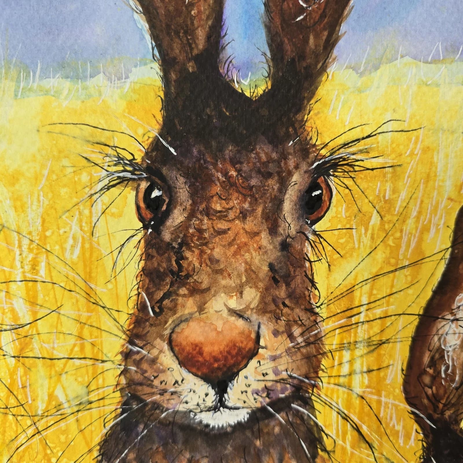 Contemporary Watercolour Painting Hares Portrait Meadow Framed thumbnail 11