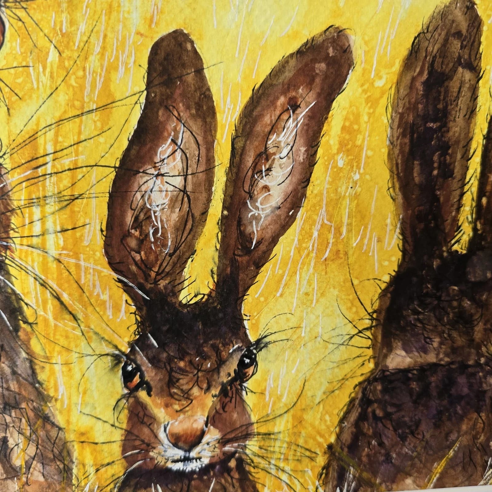 Contemporary Watercolour Painting Hares Portrait Meadow Framed thumbnail 12