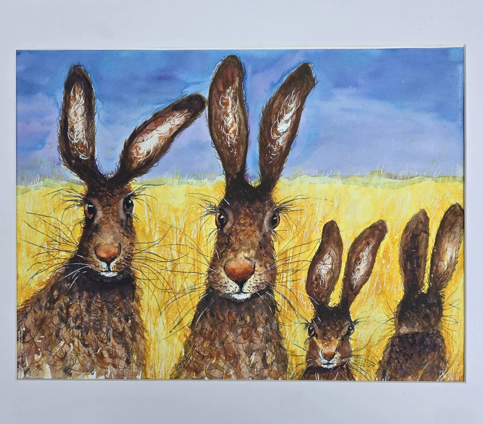 Contemporary Watercolour Painting Hares Portrait Meadow Framed thumbnail 13