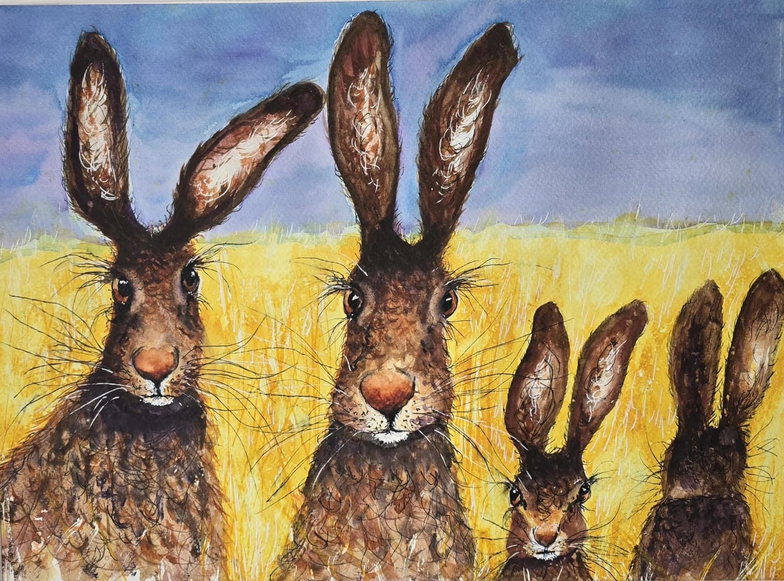 Contemporary Watercolour Painting Hares Portrait Meadow Framed thumbnail 14