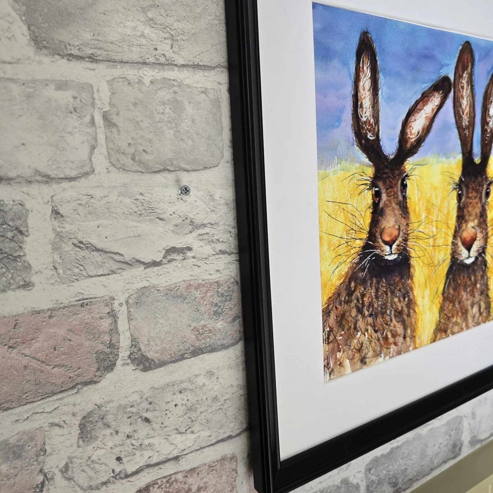 Contemporary Watercolour Painting Hares Portrait Meadow Framed thumbnail 15