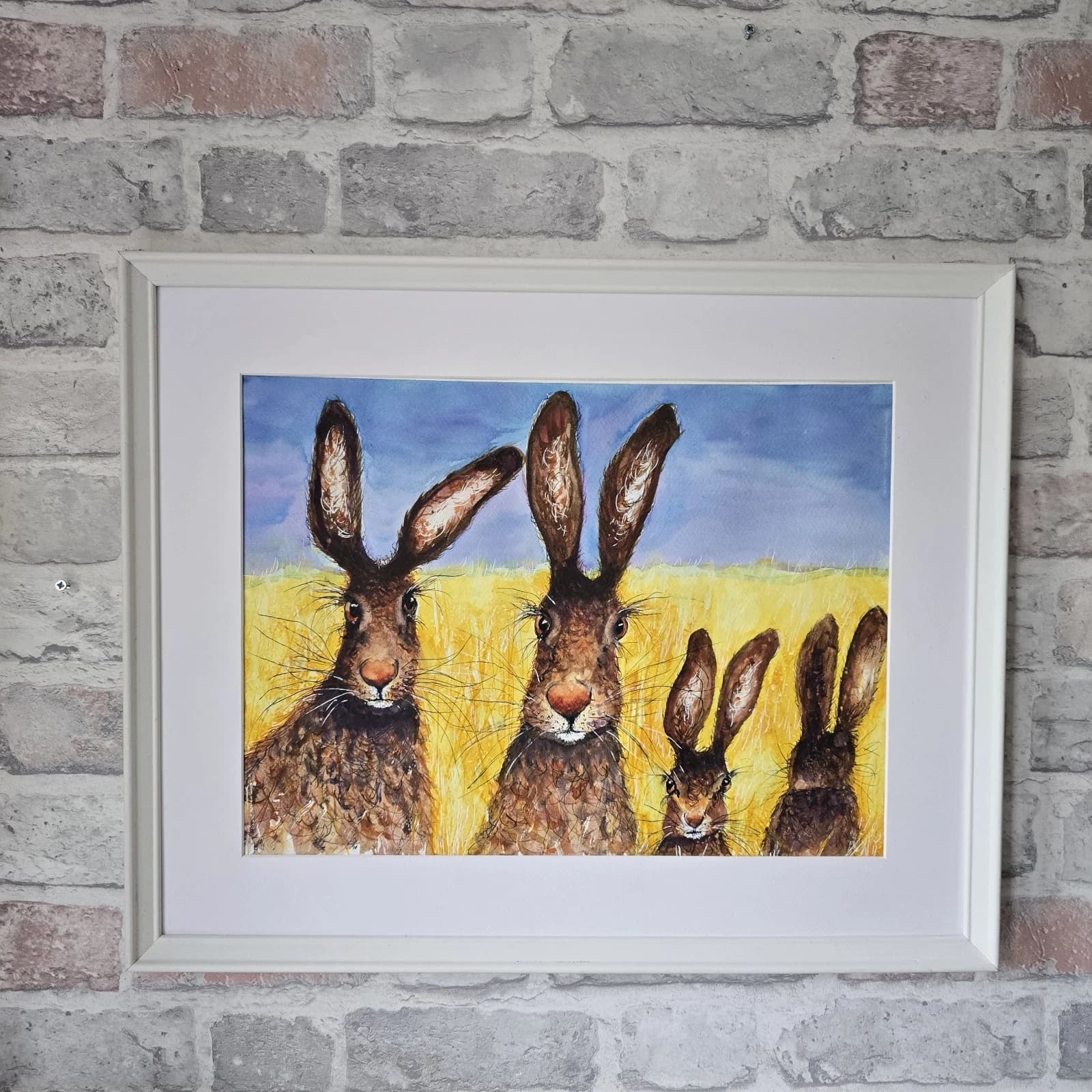 Contemporary Watercolour Painting Hares Portrait Meadow Framed thumbnail 16