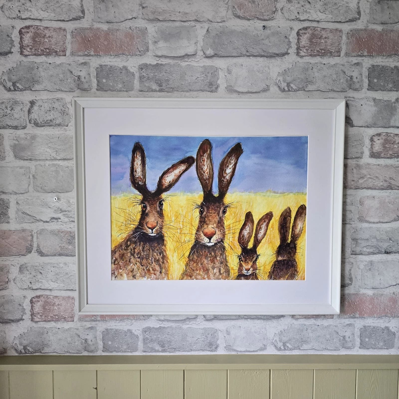 Contemporary Watercolour Painting Hares Portrait Meadow Framed thumbnail 17