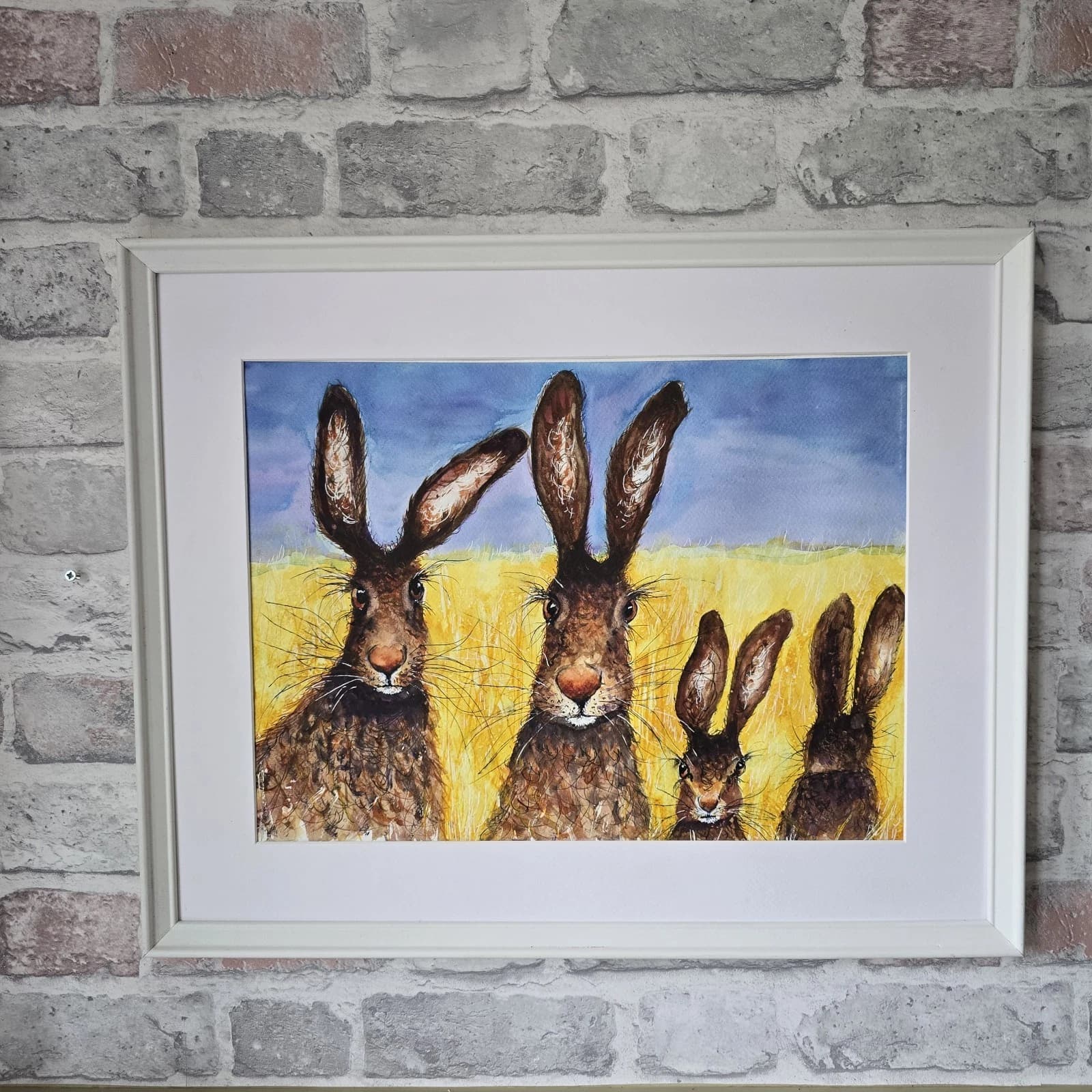Contemporary Watercolour Painting Hares Portrait Meadow Framed thumbnail 19
