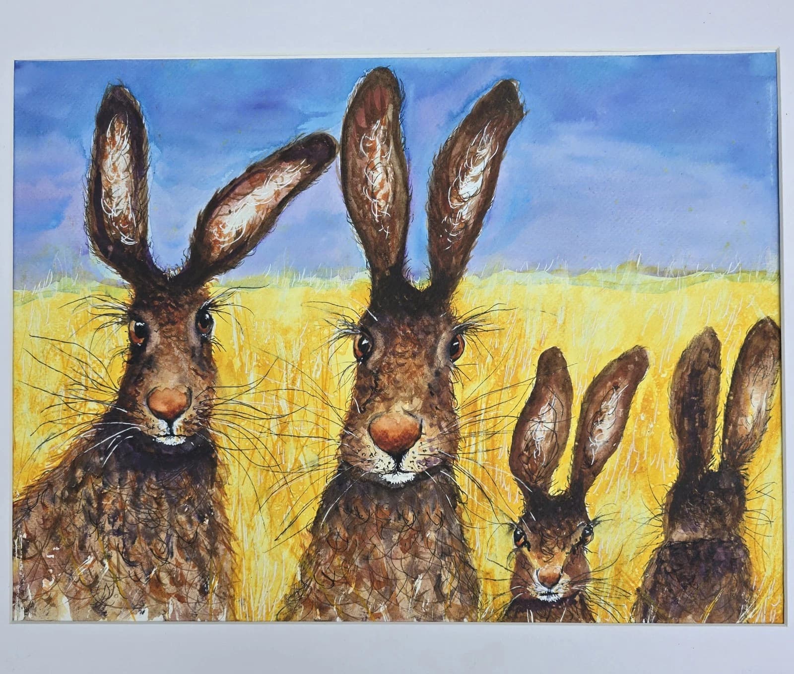 Contemporary Watercolour Painting Hares Portrait Meadow Framed thumbnail 3