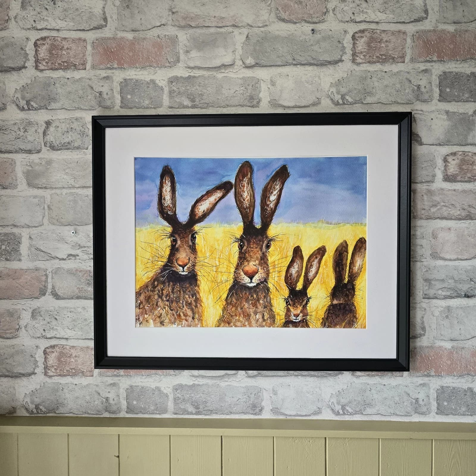 Contemporary Watercolour Painting Hares Portrait Meadow Framed thumbnail 4