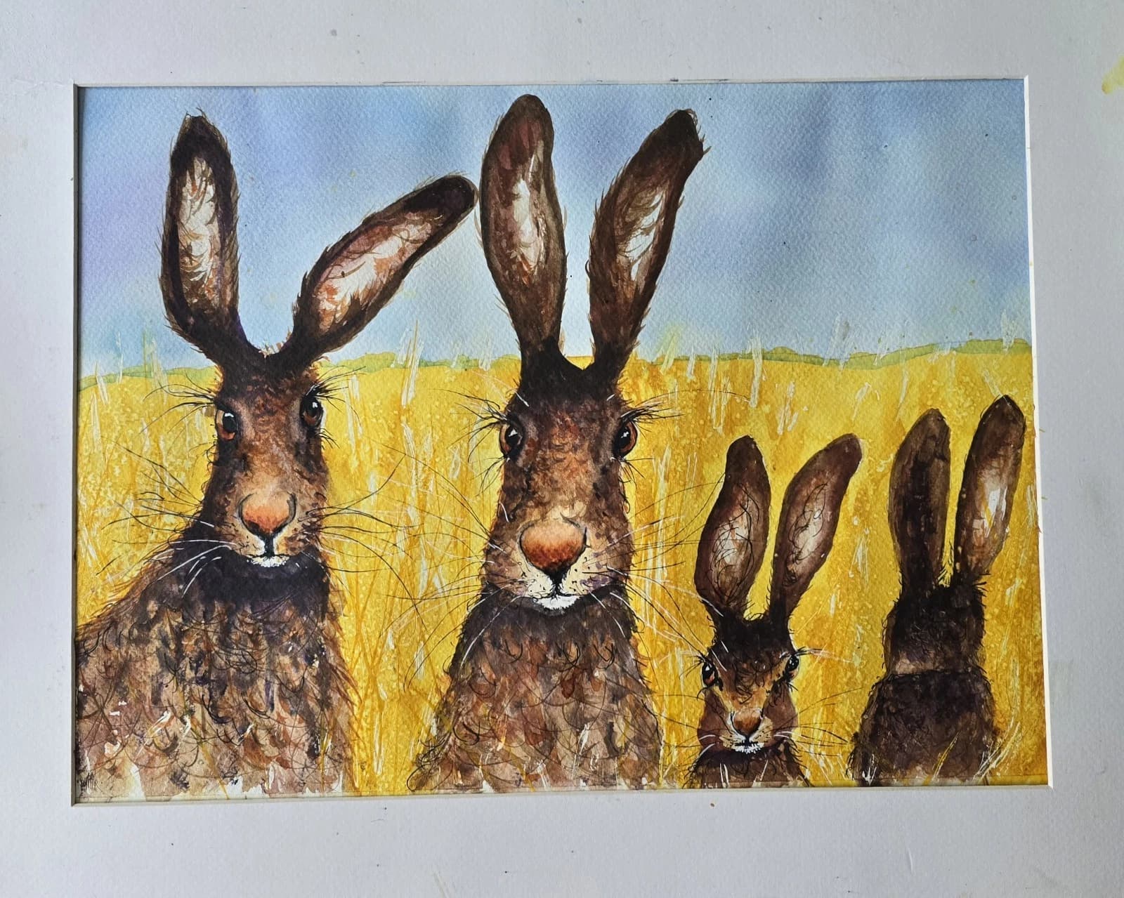 Contemporary Watercolour Painting Hares Portrait Meadow Framed thumbnail 5
