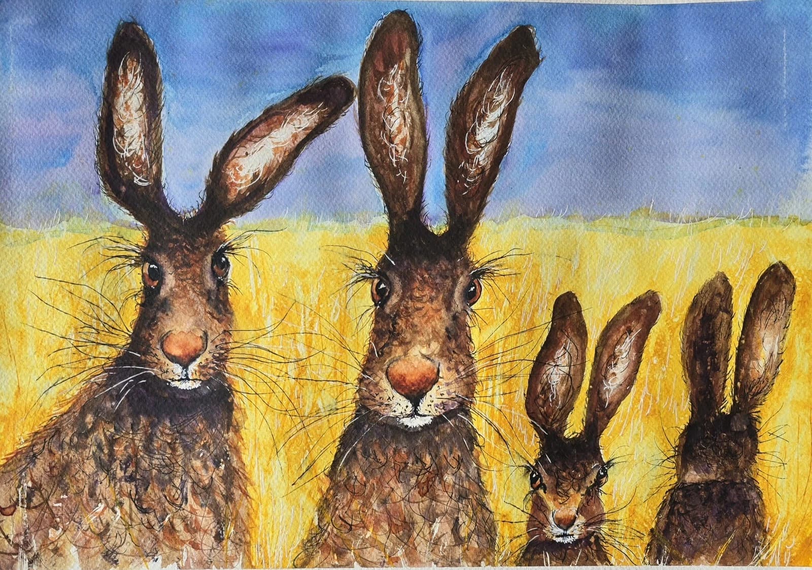 Contemporary Watercolour Painting Hares Portrait Meadow Framed thumbnail 6