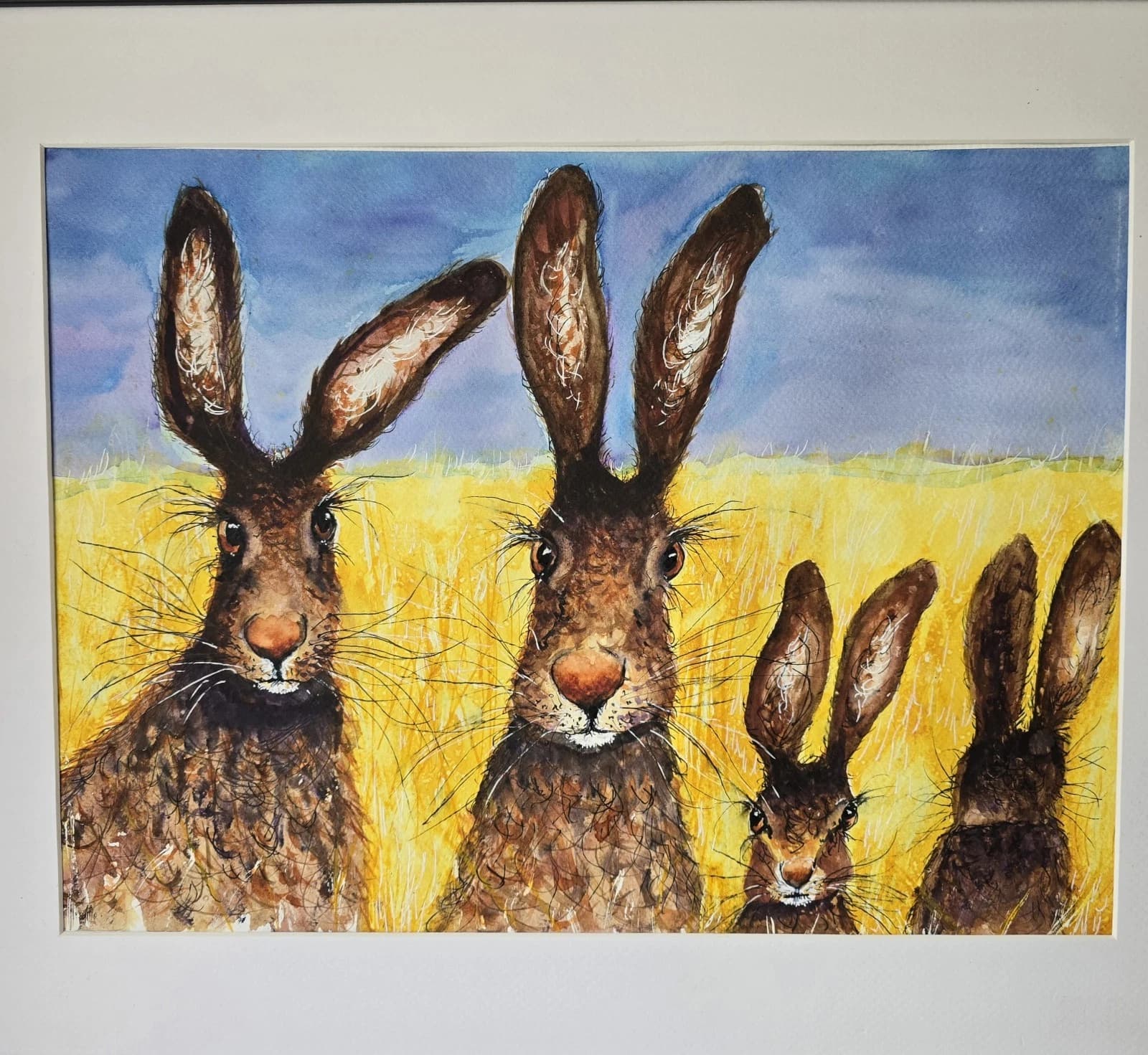 Contemporary Watercolour Painting Hares Portrait Meadow Framed thumbnail 7