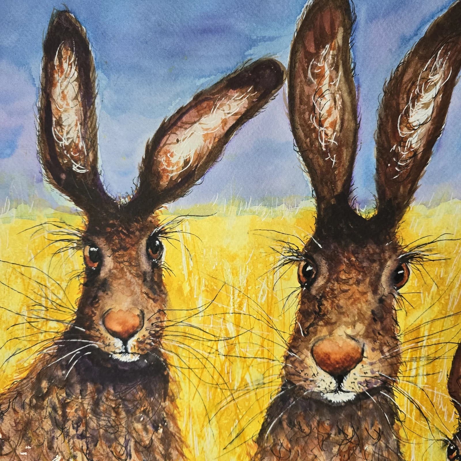 Contemporary Watercolour Painting Hares Portrait Meadow Framed thumbnail 8