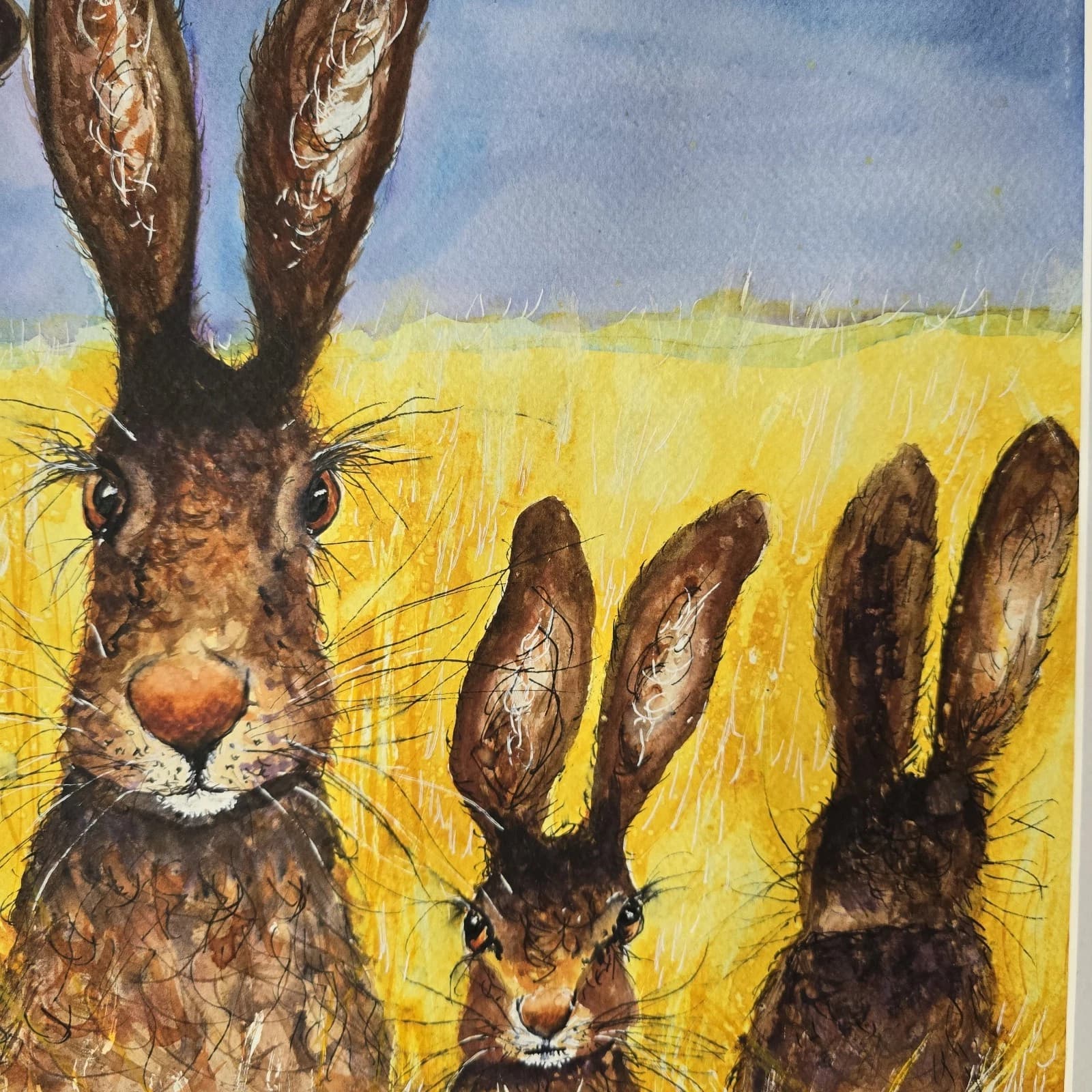 Contemporary Watercolour Painting Hares Portrait Meadow Framed thumbnail 9